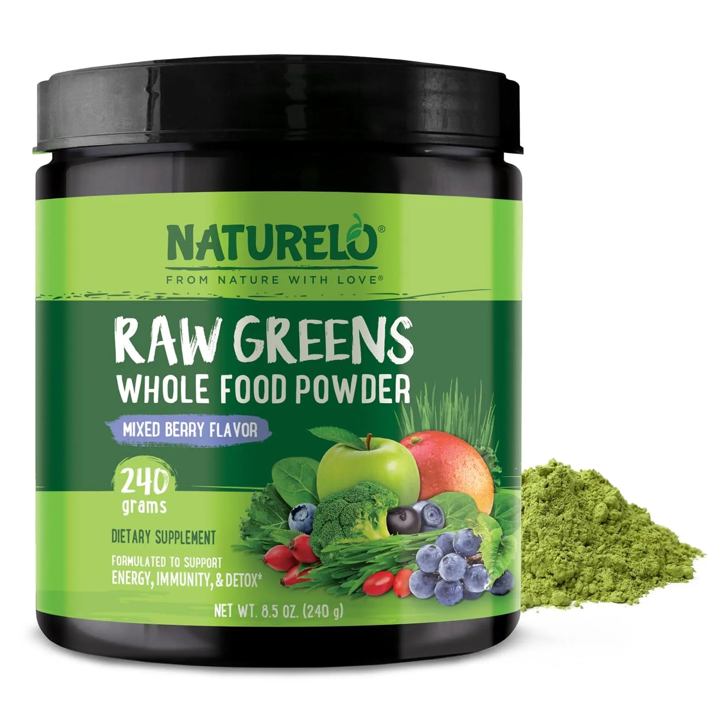 NATURELO Raw Greens Superfood Powder 240 Grams, Mixed Berry - Supports Energy, Immunity and Detox - Includes Spirulina, Wheat Grass and Organic Greens for Whole Food Nutrition NATURELO