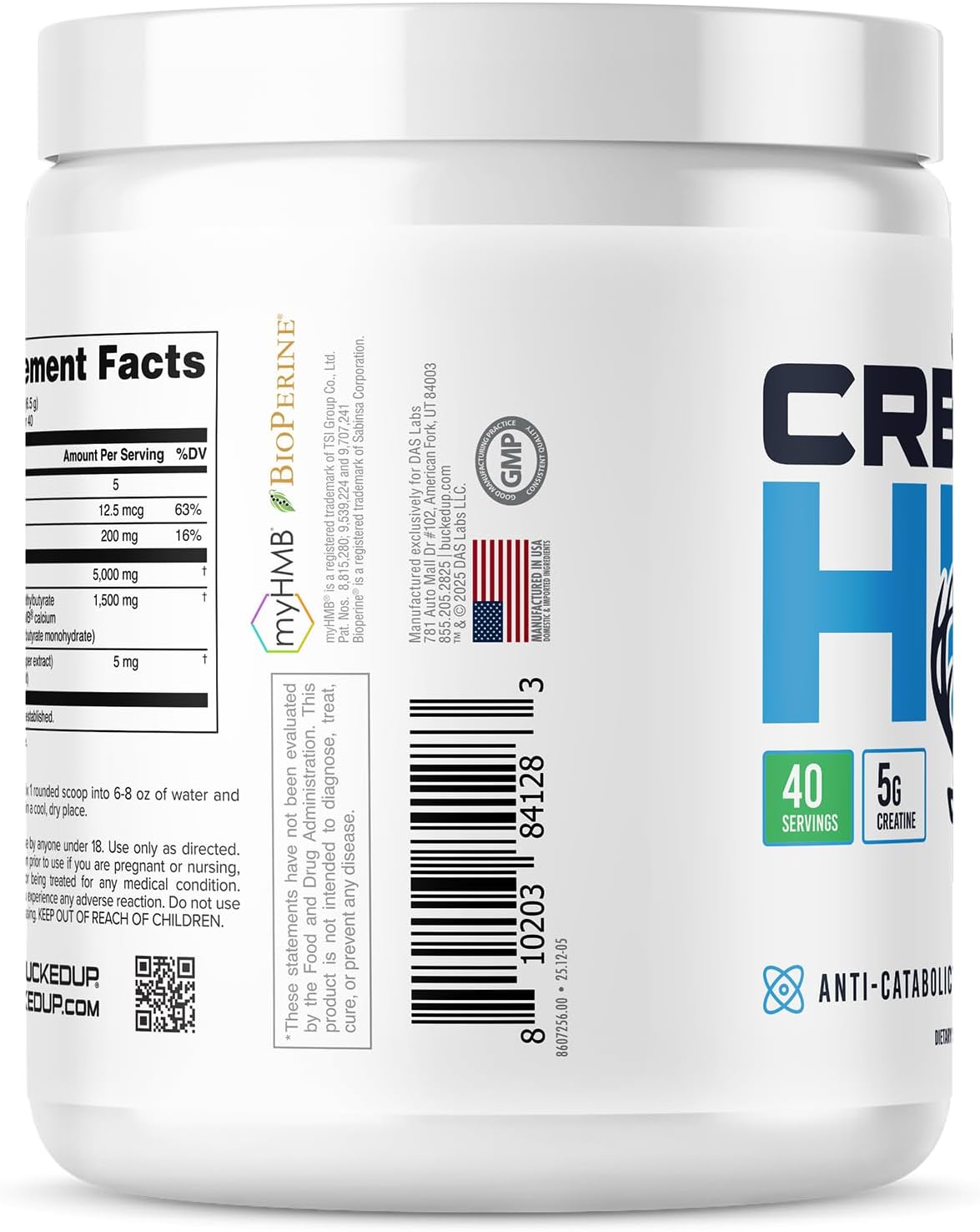 Bucked Up Creatine HMB 40 Servings Unflavored | 5g Creatine Monohydrate with 1.5g myHMB and 5mg BioPerine | Dietary Supplement Powder for Men and Women