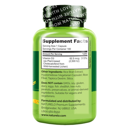 NATURELO Vitamin D - 2500 IU - Plant Based from Lichen - Natural D3 Supplement for Immune System, Bone Support, Joint Health - Vegan NATURELO
