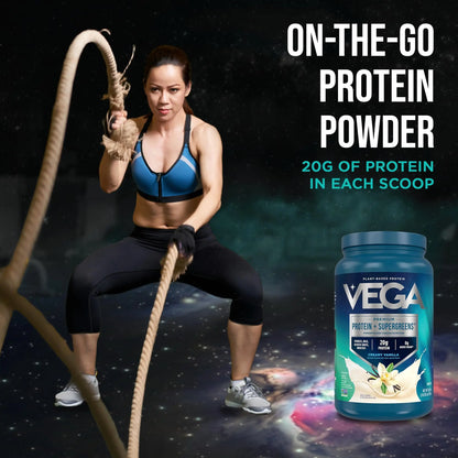 Vega Premium Protein + Supergreens, Creamy Vanilla – 20g Vegan Protein, Dairy & Gluten Free, 26.9 oz (25 Servings) Vega