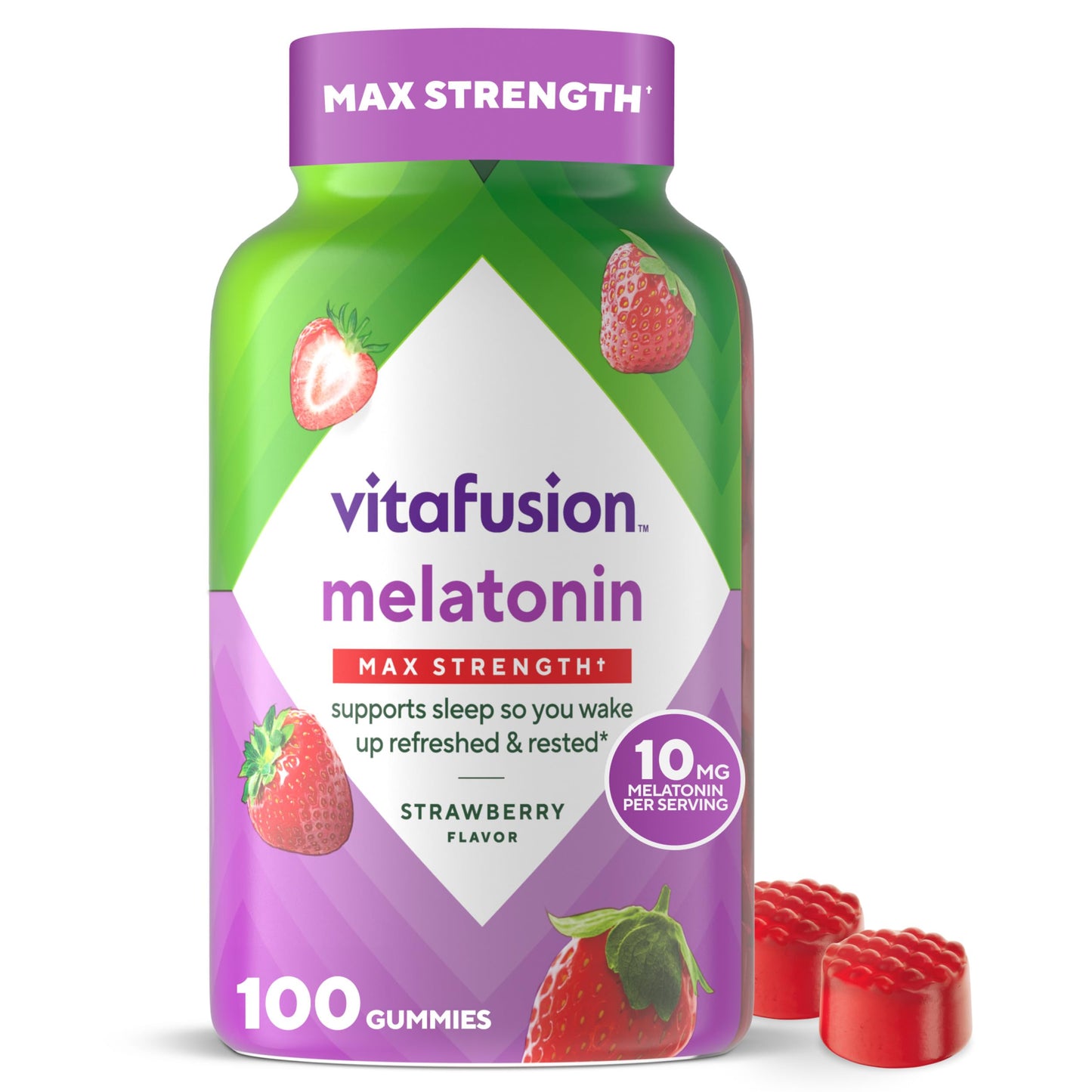 vitafusion Max Strength 10 mg Melatonin Gummies, Strawberry Flavored, Adult Melatonin Gummy Vitamin Supplement, 100 Count, 50 Day Supply Vitafusion