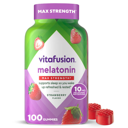 vitafusion Max Strength 10 mg Melatonin Gummies, Strawberry Flavored, Adult Melatonin Gummy Vitamin Supplement, 100 Count, 50 Day Supply Vitafusion