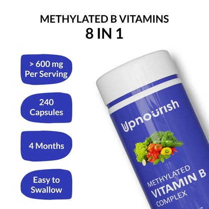 UpNourish Methylated B Complex Vitamins for Women and Men, 240 Veggies Capsules - Active Pure B Complex with Organic Fruits, Vegetables, B1 Thiamine, B2 Riboflavin, UpNourish