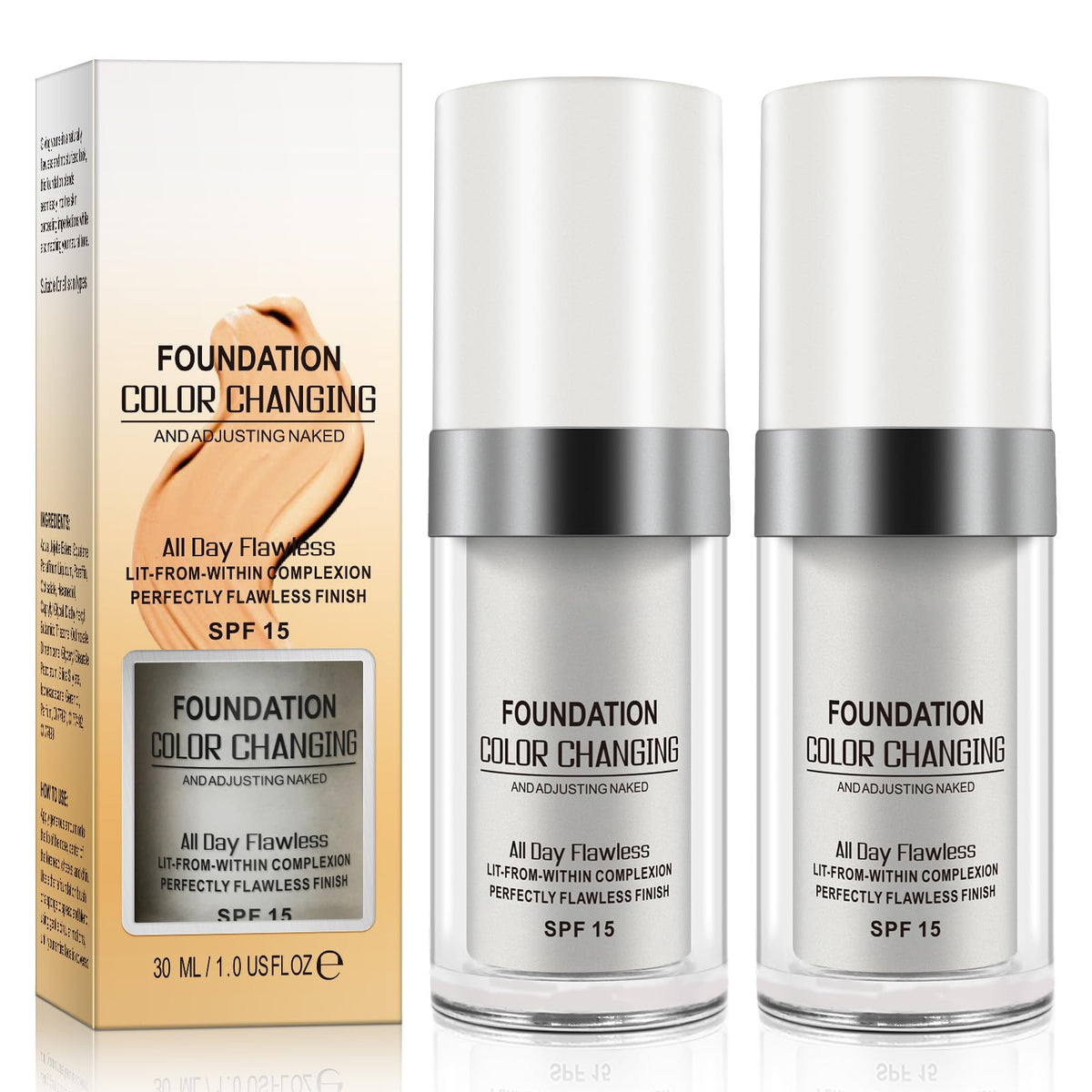 YEUGSCKA Color Changing Foundation, 2 Pack, Liquid, Moisturizing, Sunscreen, 30ml YEUGSCKA