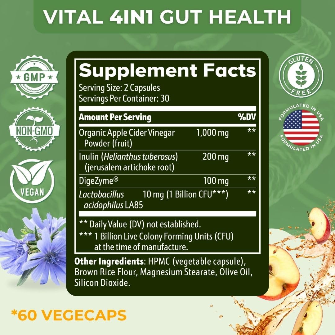 Vital Gut Health 4in1 Formula with Apple Cider Vinegar, Prebiotics & Probiotics, Digestive Enzymes for Strong Immunity Support VITAL NUTRITIVE