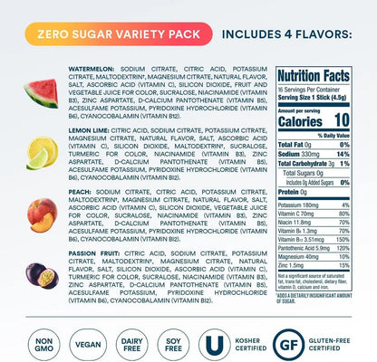 DripDrop Sugar Free Hydration Packets - Zero Classic Variety Pack - Single Serve Electrolytes Powder Drink Mix - Lemon Lime, Watermelon, Peach, Passion Fruit DripDrop