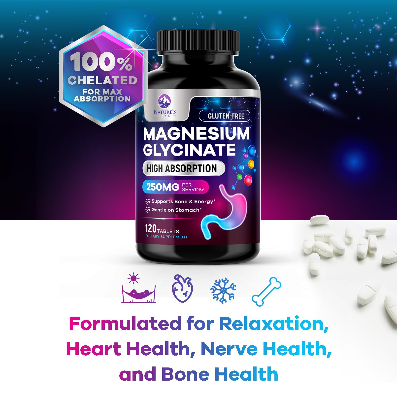 Magnesium Glycinate Supplement 250mg - 100% Chelated & Purified - to Support Sleep, Heart Health, Muscles, & Bone Strength - Best Absorption Magnesium Glycinate Capsules, Bottled in USA - 120 Tablets Nature's Peak buy australia supplements