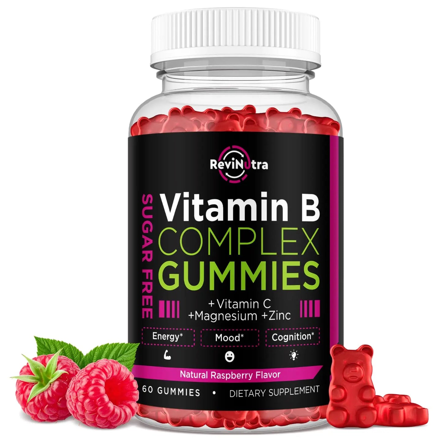 Vitamin B Complex Gummies for Women & Me, Vitamin B12, B1, B2, B3, B6, B7, B9 with Vitamin C, Zinc, Magnesium & CoQ10 for Energy, Brain, Nervous System & Mood, ReviNutra