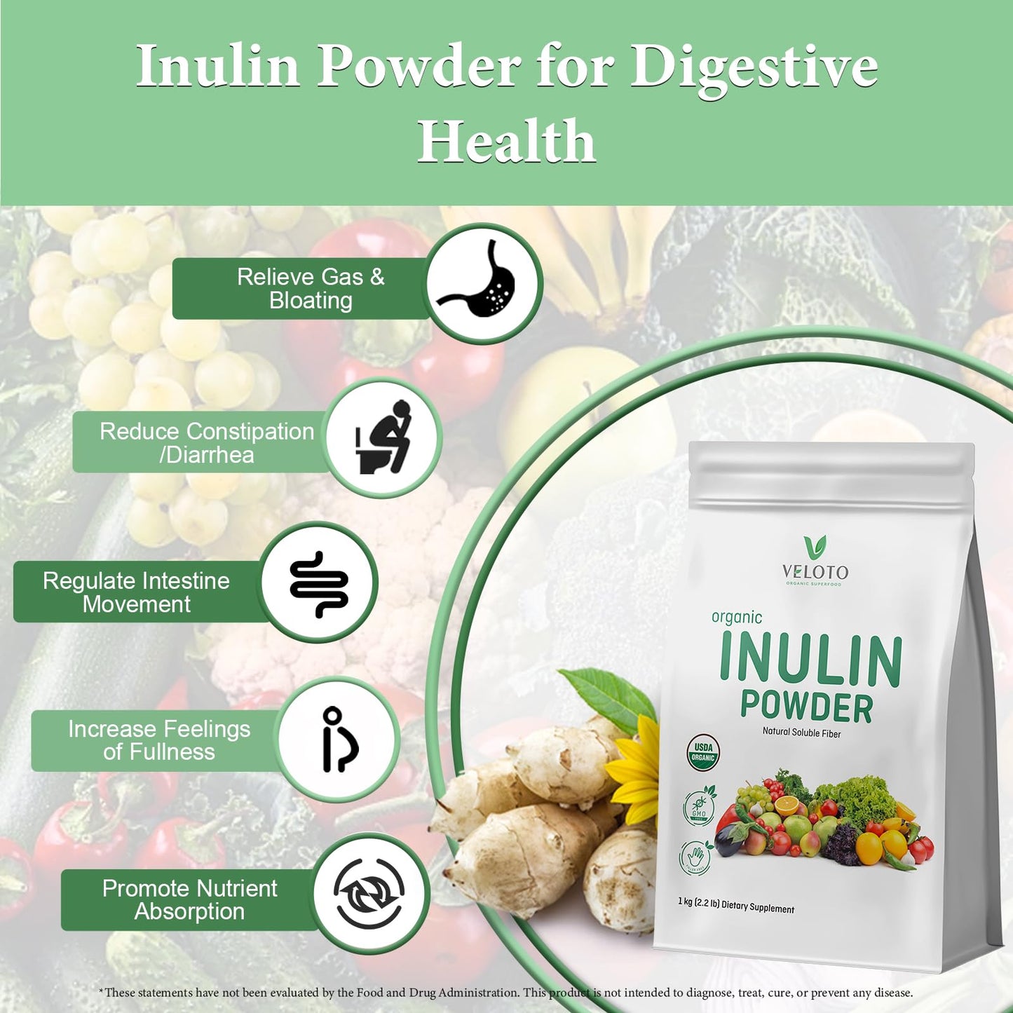 VELOTO Organic Inulin Powder – Prebiotic Fiber Supplement for Smoothies & Drinks, 2.2 lb, Flavorless, Water Soluble, Vegan & Non-GMO VELOTO