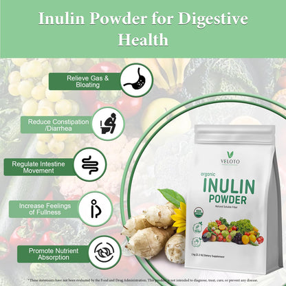 VELOTO Organic Inulin Powder – Prebiotic Fiber Supplement for Smoothies & Drinks, 2.2 lb, Flavorless, Water Soluble, Vegan & Non-GMO VELOTO
