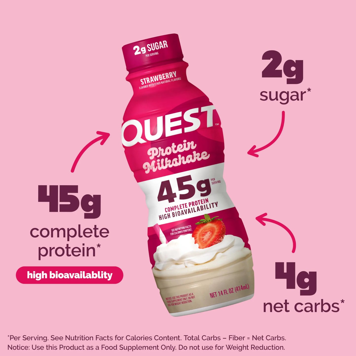 Quest Nutrition Strawberry Protein Shake, 45g Protein, 2g Sugar, 4g Net Carbs, Ready to Drink, Gluten Free, 4 Count Quest