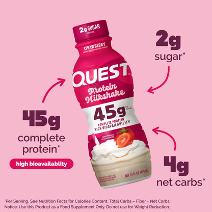 Quest Nutrition Strawberry Protein Shake, 45g Protein, 2g Sugar, 4g Net Carbs, Ready to Drink, Gluten Free, 4 Count Quest