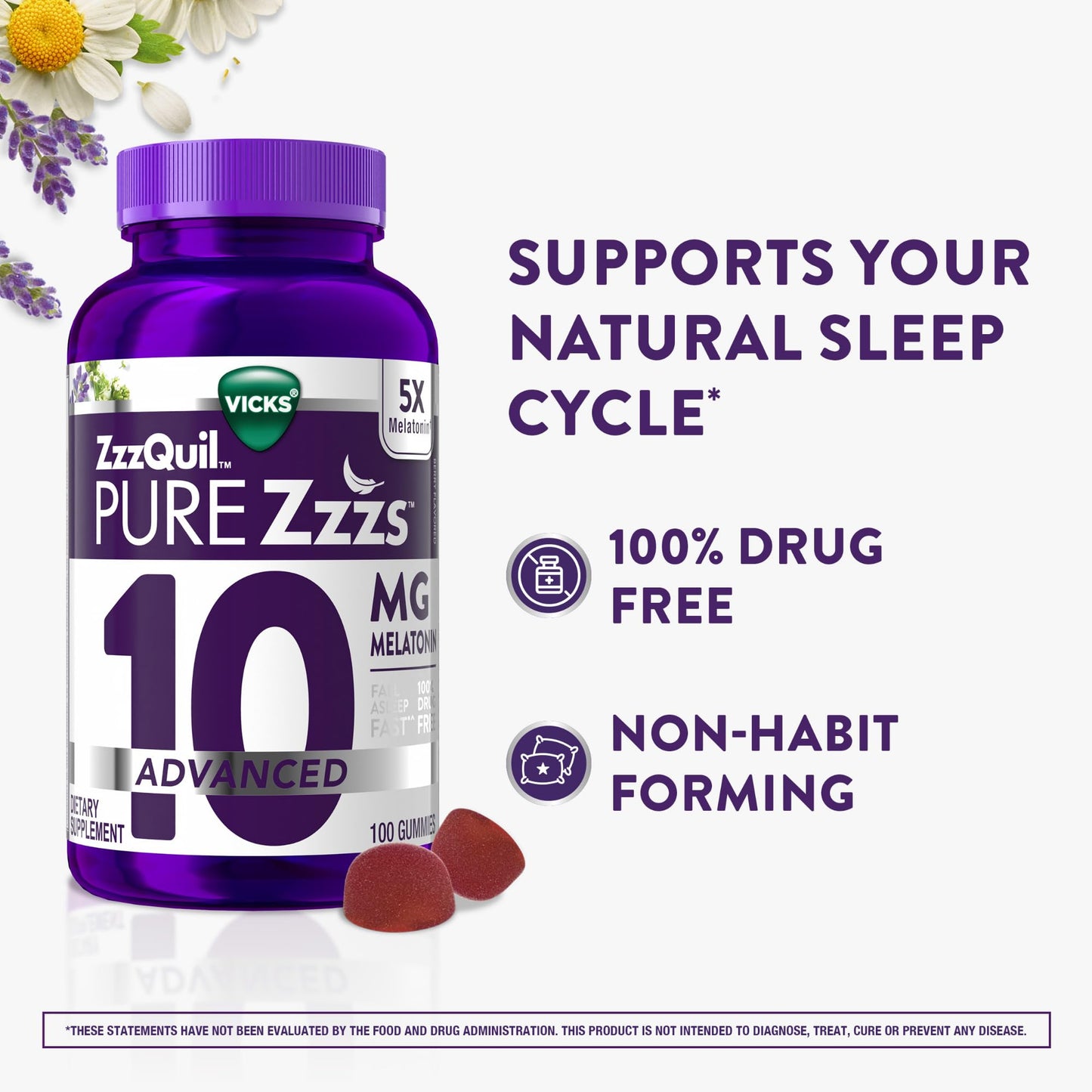 ZzzQuil Pure Zzzs Advanced Melatonin Gummies, Melatonin 10mg, Sleep Aid, with Chamomile & Lavender, Melatonin Sleep Gummies, Sleep Aids for Adults ZzzQuil