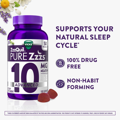 ZzzQuil Pure Zzzs Advanced Melatonin Gummies, Melatonin 10mg, Sleep Aid, with Chamomile & Lavender, Melatonin Sleep Gummies, Sleep Aids for Adults ZzzQuil