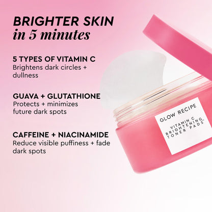Glow Recipe Vitamin C Brightening Toner Pads - Korean Vitamin C Face Pads for Dark Circles Under-Eye and Cheeks - Light Face Exfoliator - Niacinamide, Caffeine, Guava - Fragrance-Free (60 Count) Glow Recipe