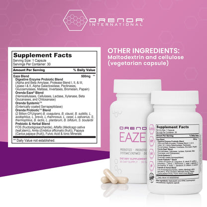 Orenda Eaze®: Gut Wellness Capsules | 6-in-1 Digestive Support with Probiotics, Endospores, Peptizyme-SP EN, Prebiotics, and Digestive Enzymes Orenda International