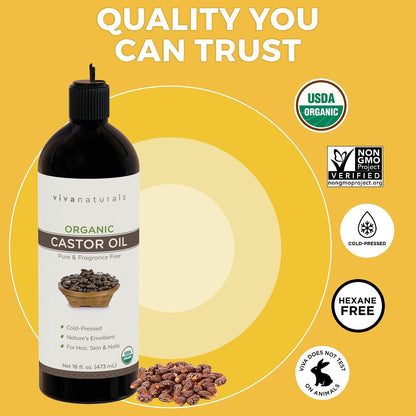 Viva Naturals Organic Castor Oil, Cold-Pressed, 16 fl oz – For Face, Hair, Eyelashes, USDA Organic, Non-GMO - With Beauty Kit Gsupps Australia