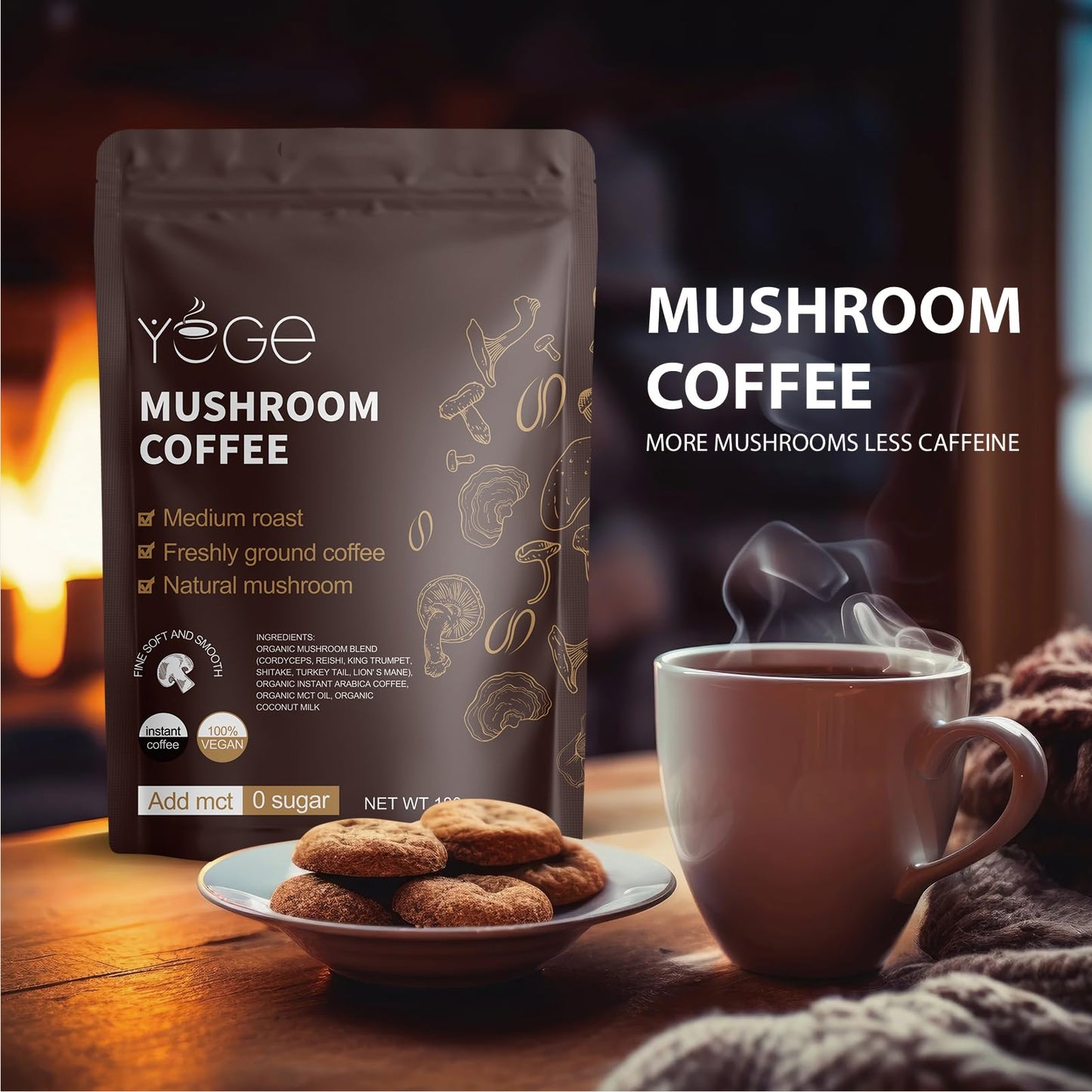 Mushroom Coffee, Instant Mushroom Coffee with Cordyceps, Reishi, King Trumpet, Shiitake, Turkey Tail, Lions Mane for Energy YEGE