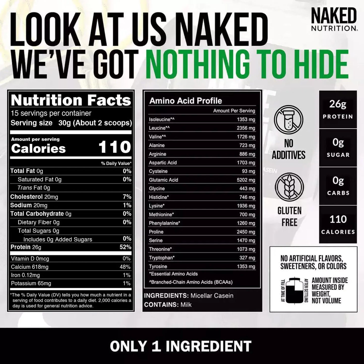 NAKED Casein - 1Lb Micellar Casein Protein - Bulk, Zero Carb, NSF Certified, GMO-Free, Gluten Free, Soy Free, Preservative Free - Stimulate Muscle Growth NAKED
