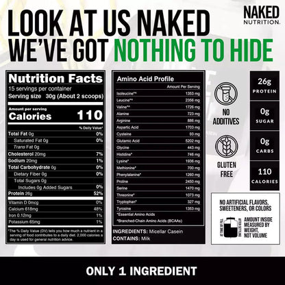 NAKED Casein - 1Lb Micellar Casein Protein - Bulk, Zero Carb, NSF Certified, GMO-Free, Gluten Free, Soy Free, Preservative Free - Stimulate Muscle Growth NAKED