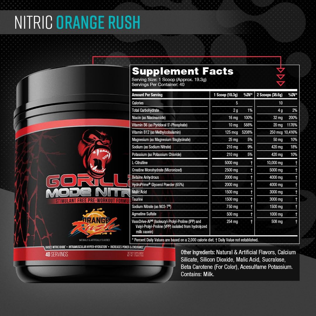 Gorilla Mode Pre Workout & Gorilla Mode Nitric Upgraded Stimulant - Best Tasting & Most Effective Stimulant Free Pre-Workout | Massive Pump | Laser Focus Energy Power (Orange Rush)