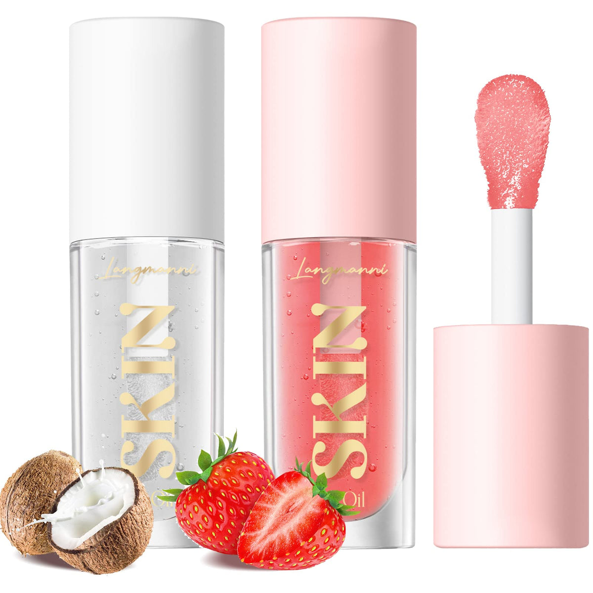 LANGMANNI 2 Pack Fruit Flavored Lip Oil Balm, Strawberry + Coco LANGMANNI