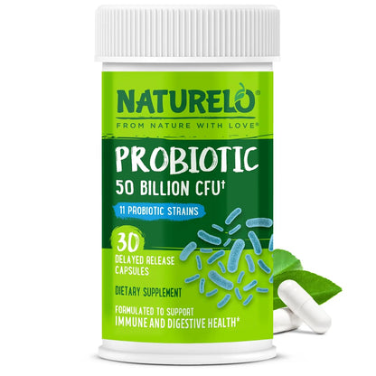 NATURELO Probiotics for Digestive Health, 50 Billion CFU, 30 Vegetarian Capsules, 11 Strains, Daily Use Supplement, Delayed Release, No-Fridge, Helps Boost Immune System, NATURELO