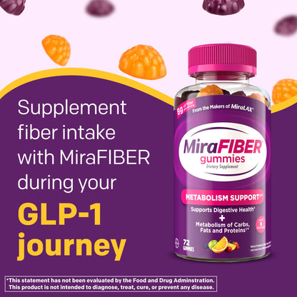 MiraFIBER Gummies from The Makers of MiraLAX, 8g of Daily Fiber Per Serving, Metabolism Support with B Vitamins, Gut Health for Men & Women MiraLAX