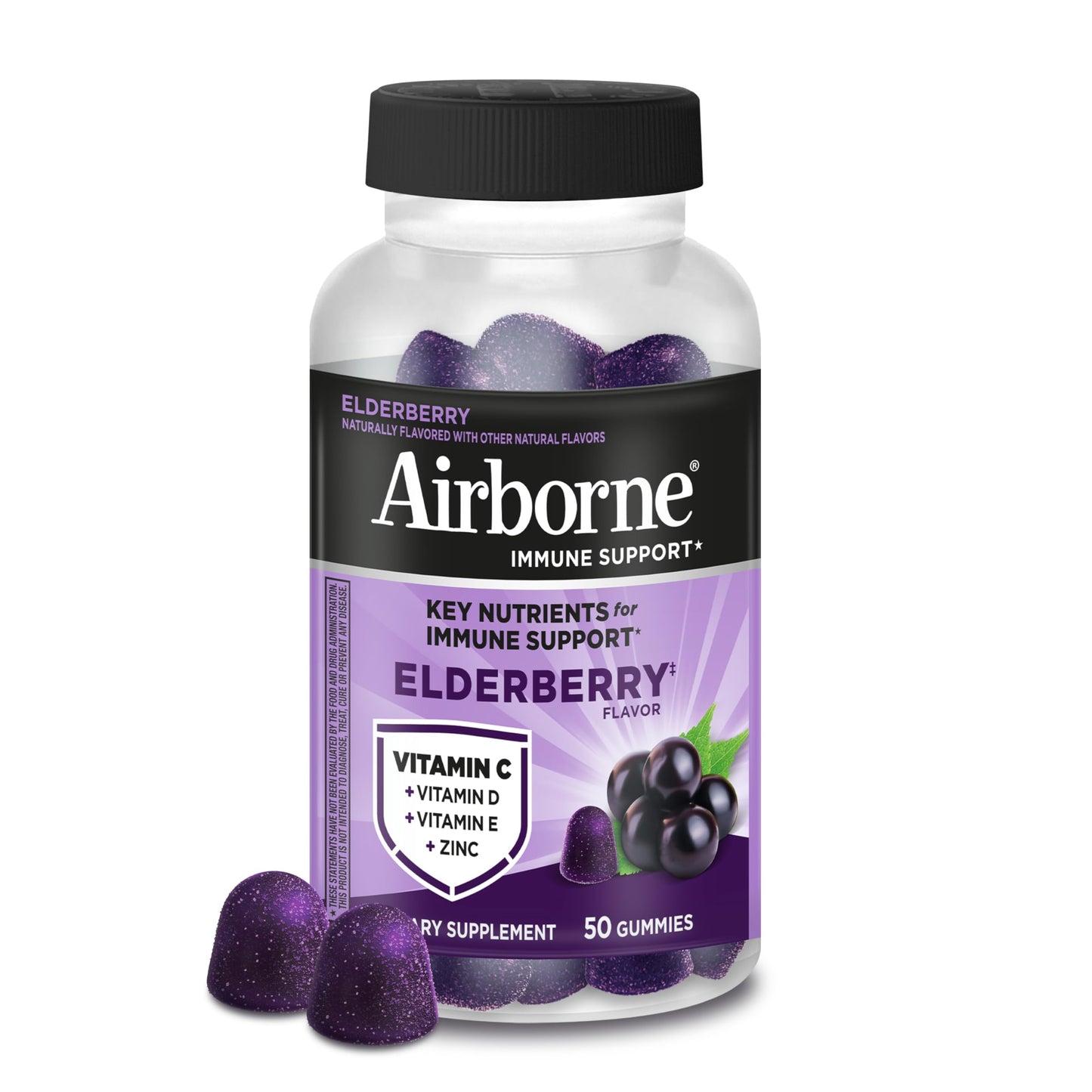 Airborne Elderberry + Zinc & Vitamin C Gummies For Adults, Immune Support Vitamin D & Zinc Gummies With Powerful Antioxidant Vitamins C D & E Airborne