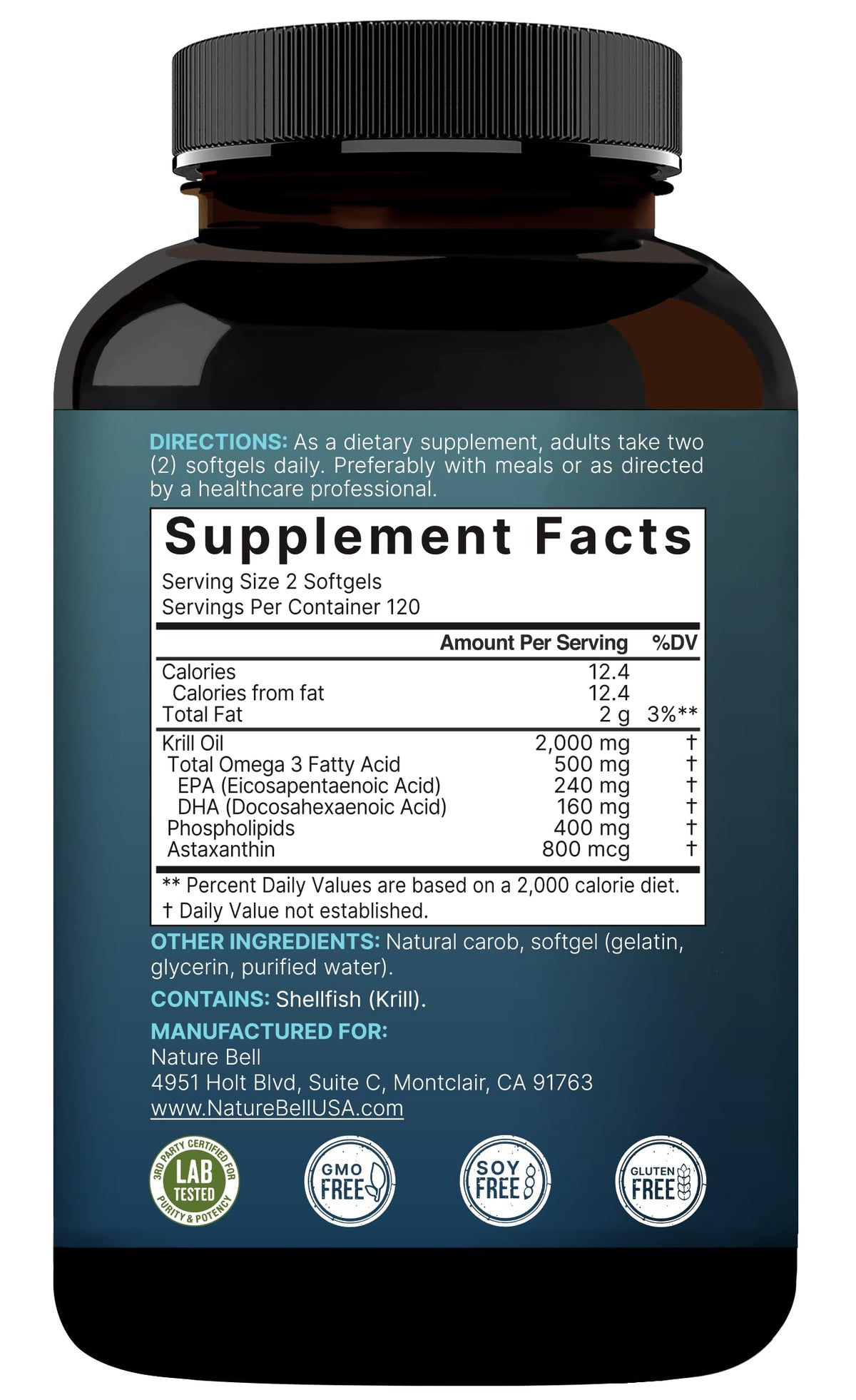 NatureBell Antarctic Krill Oil 2000mg Supplement, 240 Softgels, 3X Strength Natural Source of Omega-3s, EPA 240mg + DHA 160mg + Astaxanthin 800mcg NatureBell