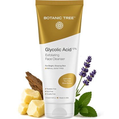 Botanic Tree Glycolic Acid Face Wash - Facial Cleanser and Scrub - 10% Glycolic Acid, AHA - Salicylic Cleanser - 6 fl. oz Botanic Tree