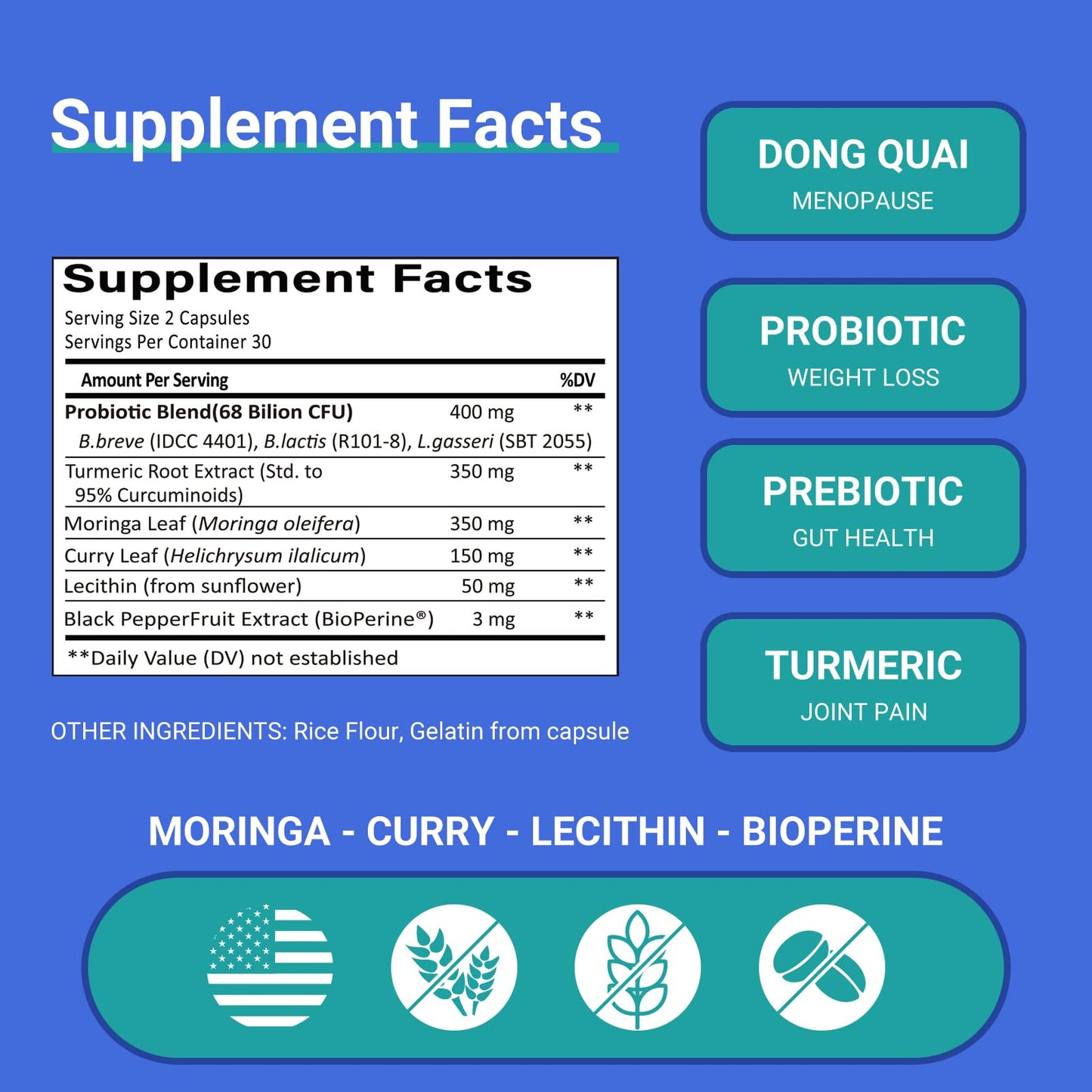 Ruolai ProBalance Probiotics for Women 68B CFU – Menopause, Bloat & Belly Support – Turmeric & Moringa Ruolai