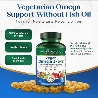 Purity Products Vegan Omega 3 6 9 Formula - “5 in 1” Essential Fatty Acid Complex - Scientifically Formulated Plant-Based Vegan Omega 3-6-9 Essential Fatty Acids Purity Products