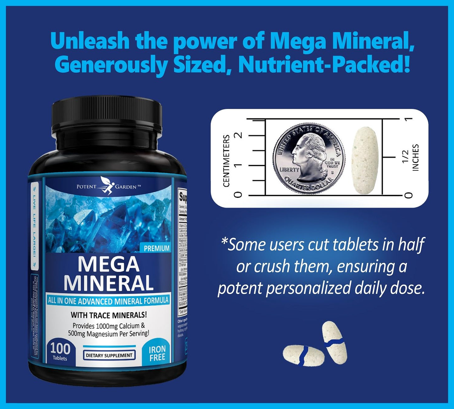 Potent Garden Mega Mineral Supplement Complete Mineral Complex with Calcium Magnesium Zinc Potassium Boron Selenium Chromium & 72 Trace Potent Garden