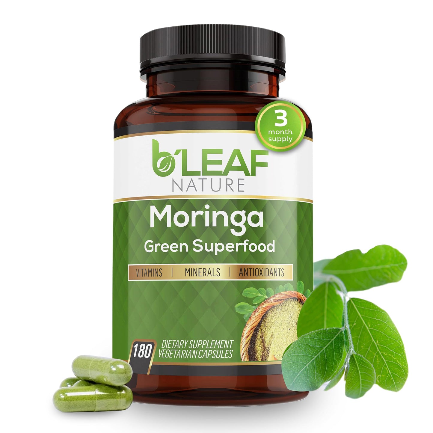 B'Leaf Nature Moringa Capsules Organic 1000mg — Pure Moringa Oleifera Leaf Powder Capsules for Energy & Immune Support B'LEAF NATURE