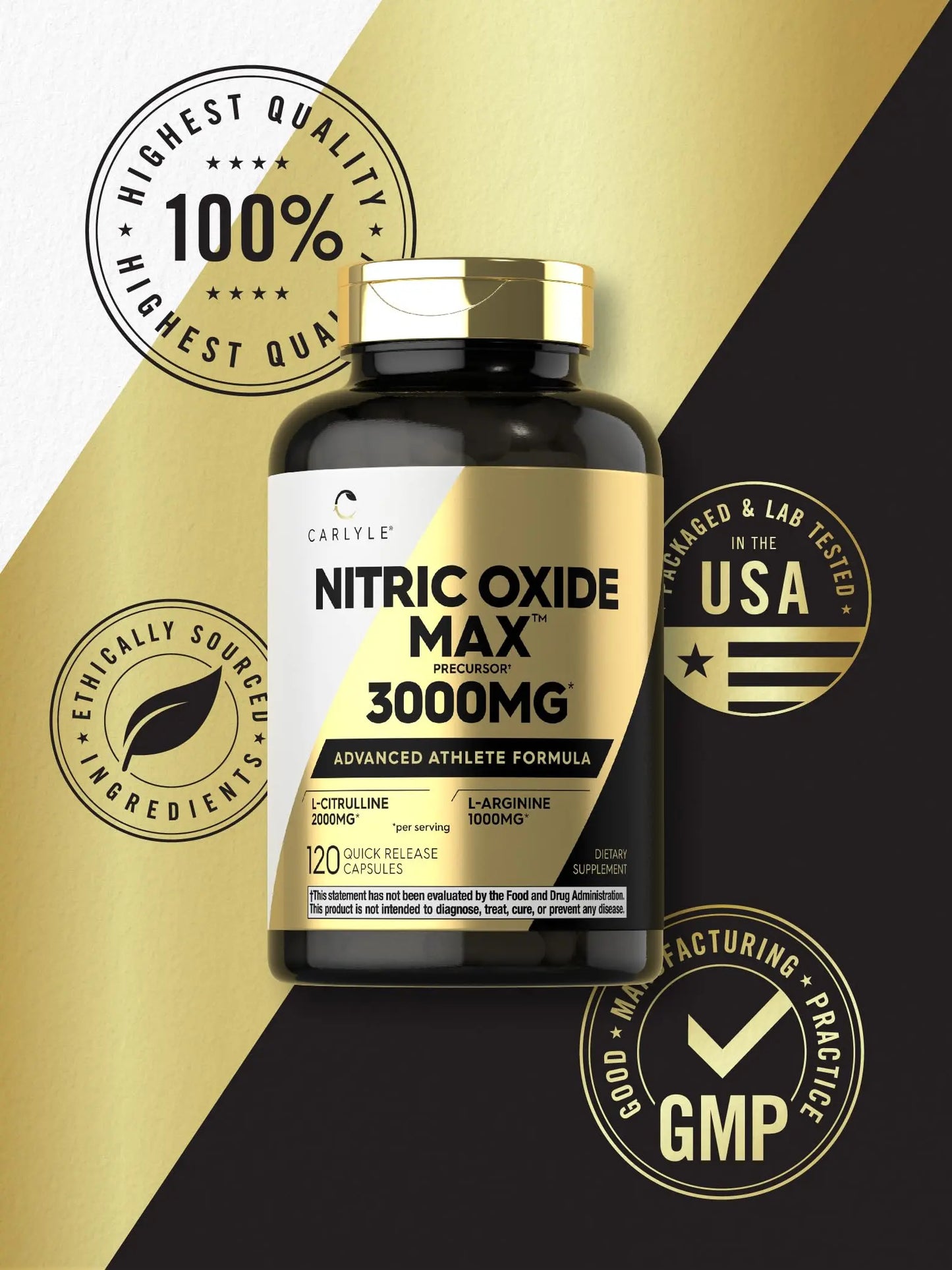 Carlyle Nitric Oxide Supplement 3000mg | 120 Capsules | with L-Arginine & L-Citrulline | for Men & Women | Pre & Post Workout | Non-GMO, Gluten Free Carlyle