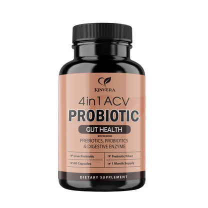 4-in-1 ACV Gut Formula – Apple Cider Vinegar, Prebiotics & Probiotics, Digestive Enzymes – Immune & Complete Digestion – 60 Veggie Capsules KINVERA