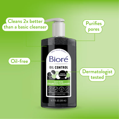 Biore Deep Pore Charcoal Face Wash, Daily Facial Cleanser for Dirt & Makeup Removal, for Oily Skin, 6.77 Oz Bioré