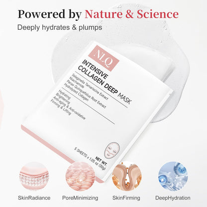 NLQ Bio-Collagen Face Mask Overnight Hydrogel Deep Mask - Glass Skin Intensive Hydrating & Firming Pore Refining Anti-Aging Sheet Mask, Skincare Gift for Women (5 Sheets) NLQ