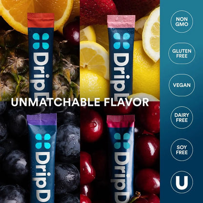 DripDrop Hydration Packets - Juicy Variety Pack - Single Serve Electrolytes Powder Drink Mix - Grape, Fruit Punch, Strawberry Lemonade, Cherry DripDrop