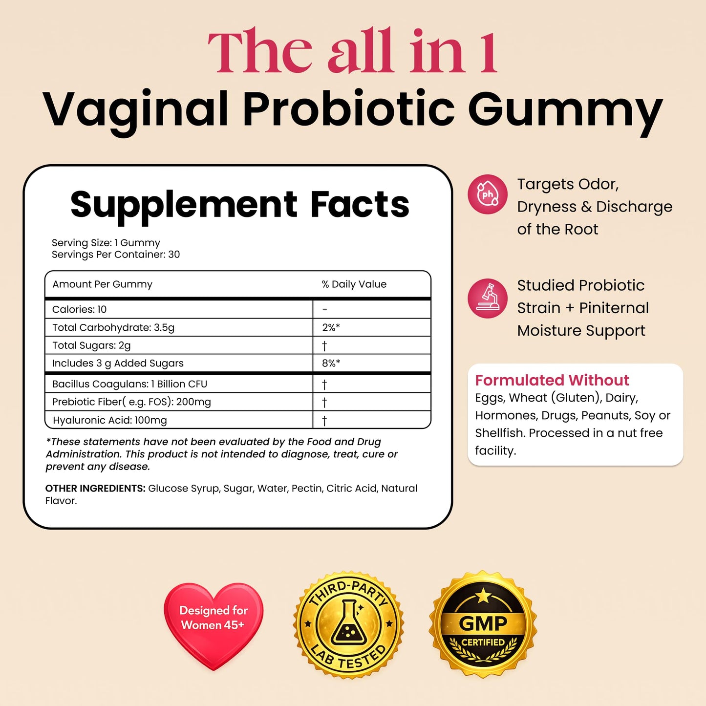 ALLFEMME Flora+ Women’s Vaginal Probiotic Gummies for pH Balance, Odor and Freshness Support with Prebiotics & Hyaluronic Acid ALLFEMME