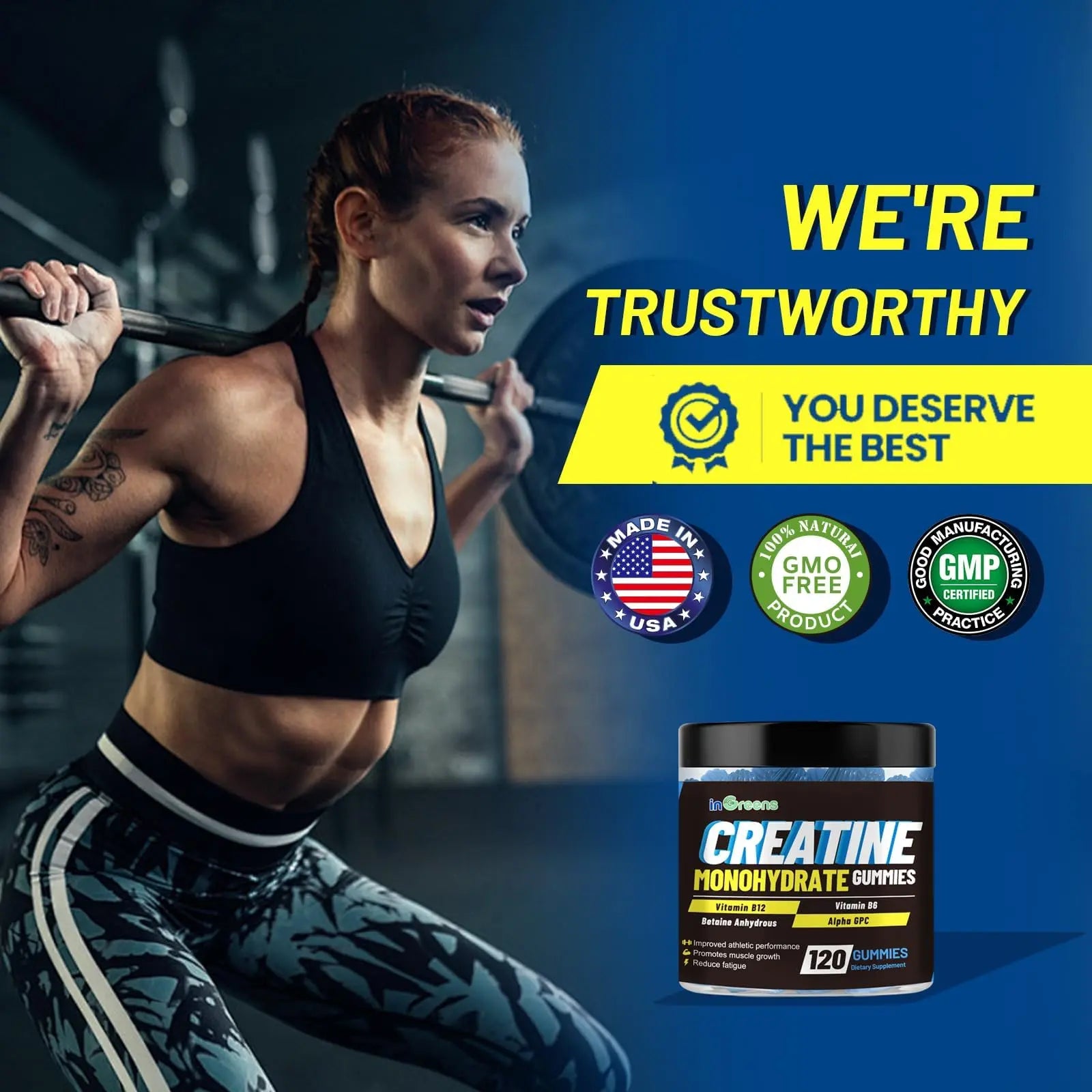 inGreens Creatine Monohydrate Gummies 6g per Serving, Sugar Free Creatine Supplements for Men & Women, Chewable Creatine for Muscle Growth, Strength, Energy inGreens