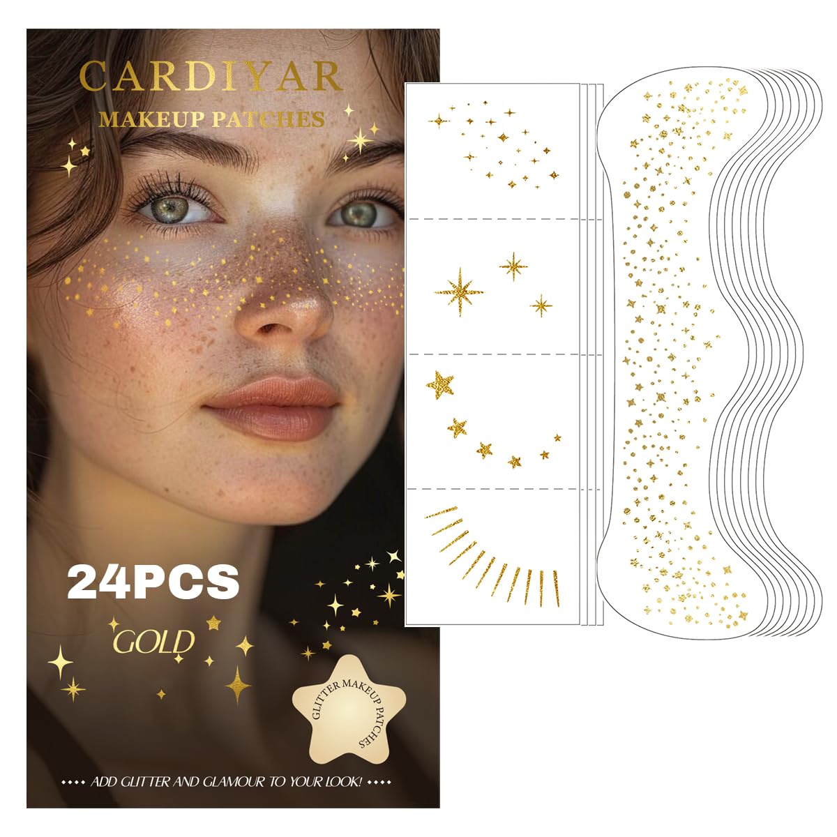Glitter Freckles, 24PCS Glitter Freckles Face Tattoo, Sparkle Freckles for Women, Waterproof Gold Temporary Face Tattoos Glitter Glow Up Patches Makeup Patches Mardi Gras Festival (Gold) Cardiyar