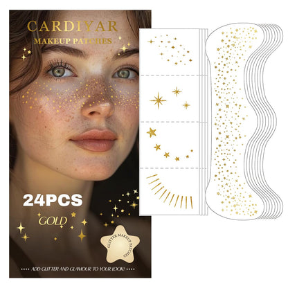 Glitter Freckles, 24PCS Glitter Freckles Face Tattoo, Sparkle Freckles for Women, Waterproof Gold Temporary Face Tattoos Glitter Glow Up Patches Makeup Patches Mardi Gras Festival (Gold) Cardiyar