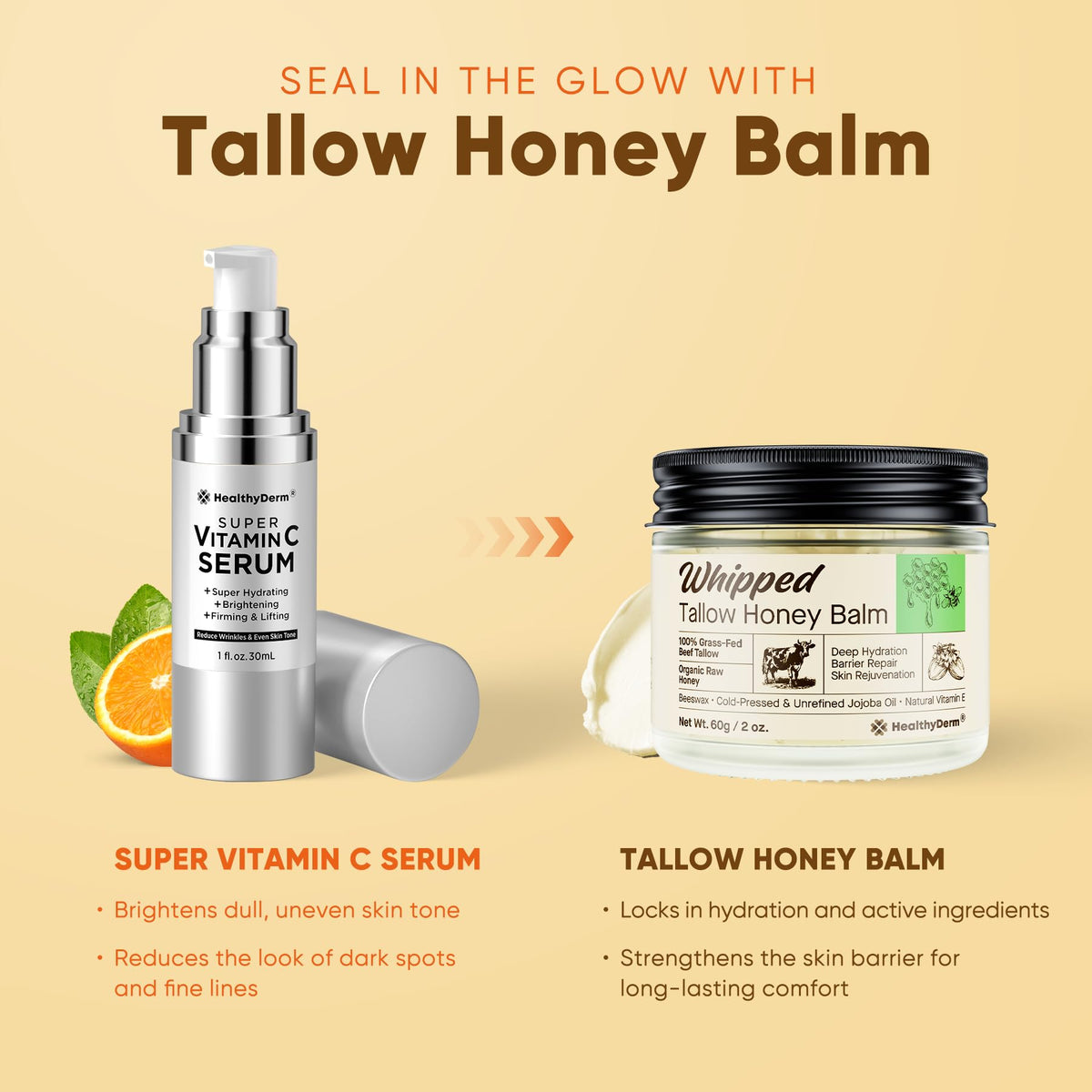 Beef Tallow Honey Balm for Skin: 100% Grass Fed Whipped Organic Moisturizer with Organic Raw Honey, Jojoba Oil, Vitamin E – Natural Face and Body Care for Mature, Dry or Sensitive Skin, 2oz HealthyDerm