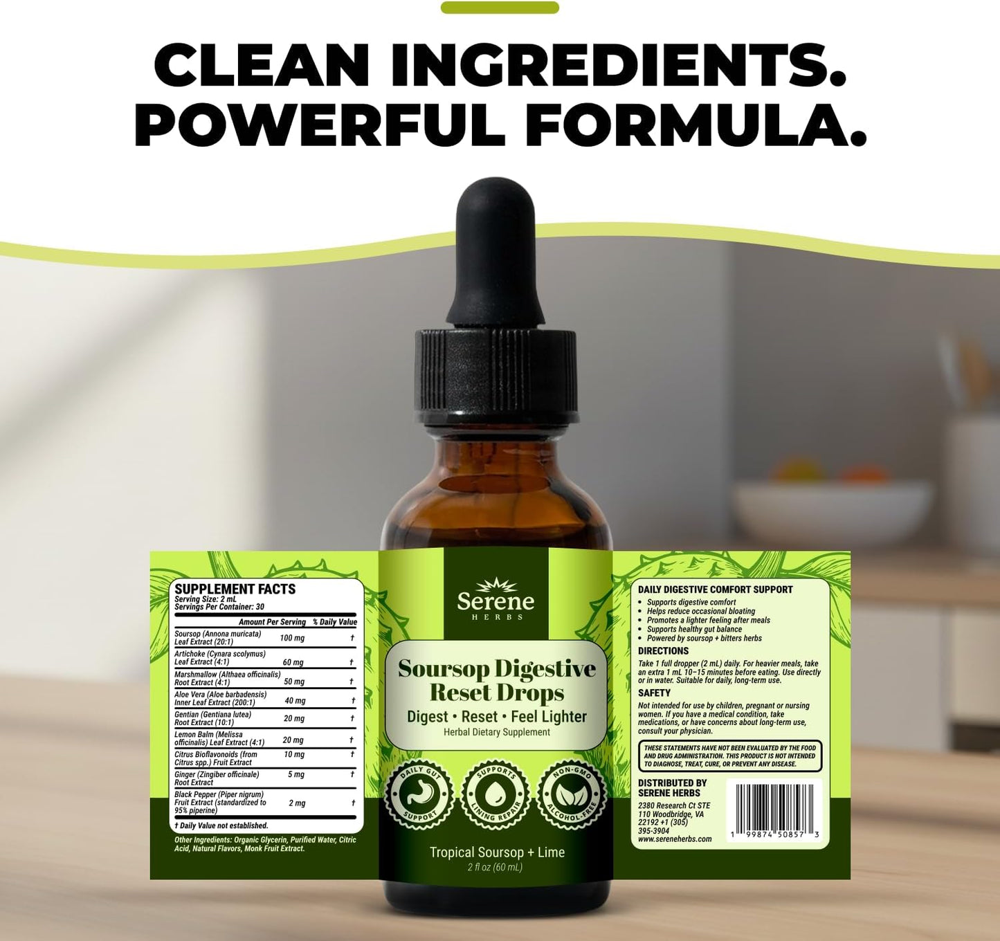 Serene Herbs Soursop Digestive Reset Drops 2 fl oz – Tropical Soursop & Lime Liquid Supplement – Supports Digestion