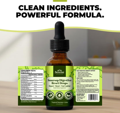 Serene Herbs Soursop Digestive Reset Drops 2 fl oz – Tropical Soursop & Lime Liquid Supplement – Supports Digestion