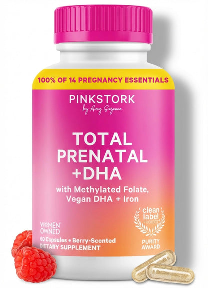 Pink Stork Total Prenatal Vitamins with DHA, Folate, Iron, Choline, and Vitamin B12 - Prenatals for Women to Support Fetal Development, Pregnancy Essentials Pink Stork