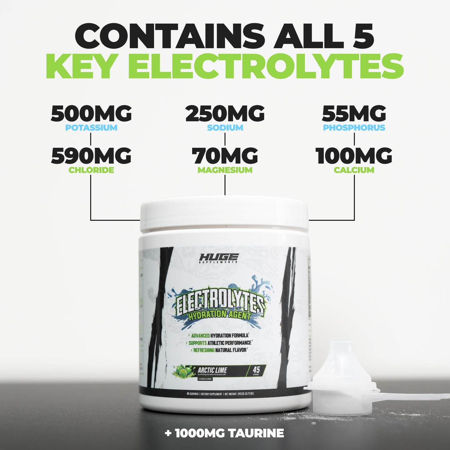 Huge Supplements Electrolytes Powder - Advanced Hydration Formula w/Full Electrolyte Profile - Sugar Free, No Artificial Flavors or Colors - 45 Servings (Artic Lime)