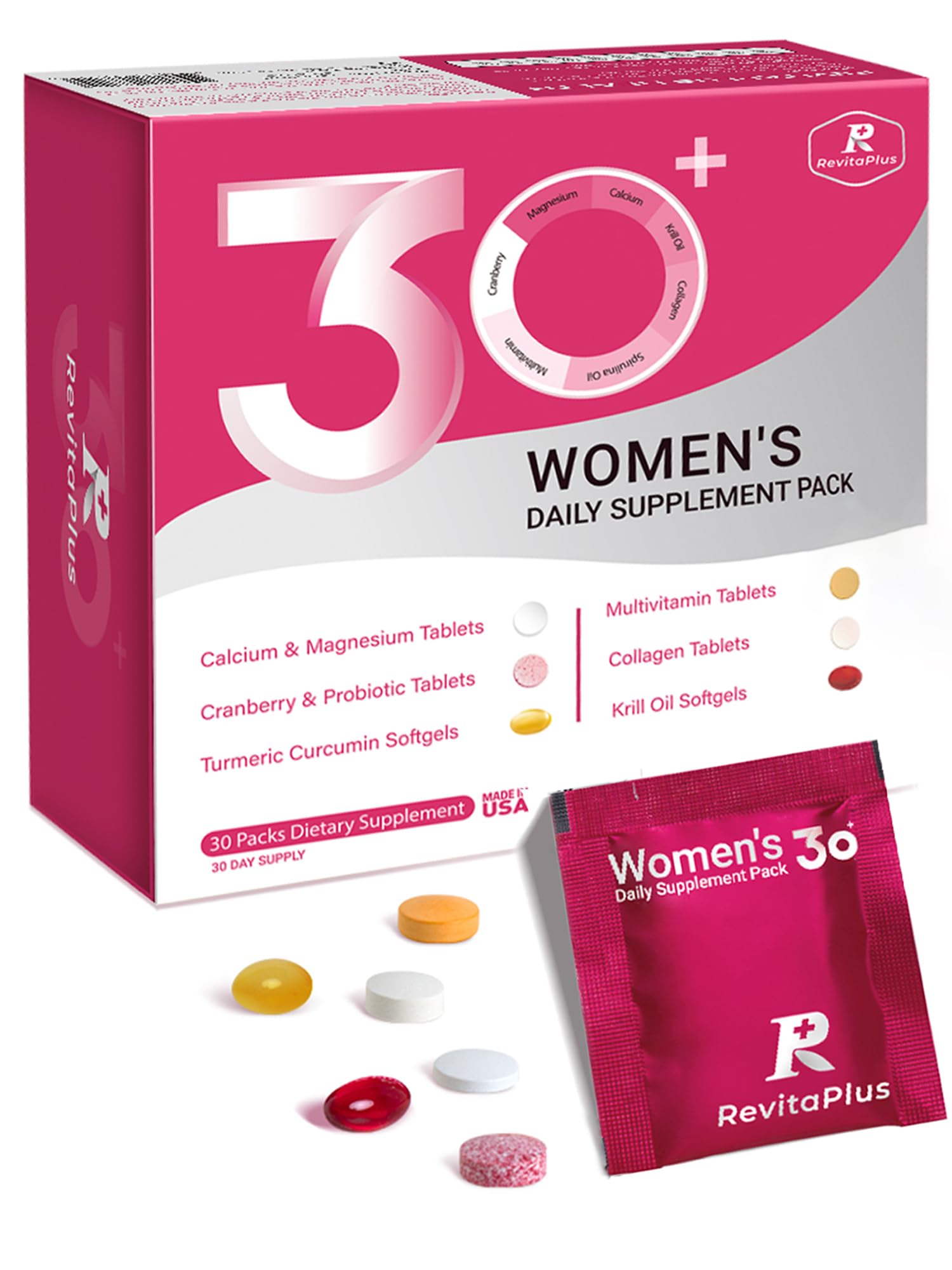 RevitaPlus Multivitamin for Women with Vitamin A,B,C,D3,E,K2,Biotin, Collagen,Krill Oil,Cranberries Supports Energy,Wellness,Beauty and Immune - Vitamin Packs for Women Health 30 Packs RevitaPlus buy australia supplements